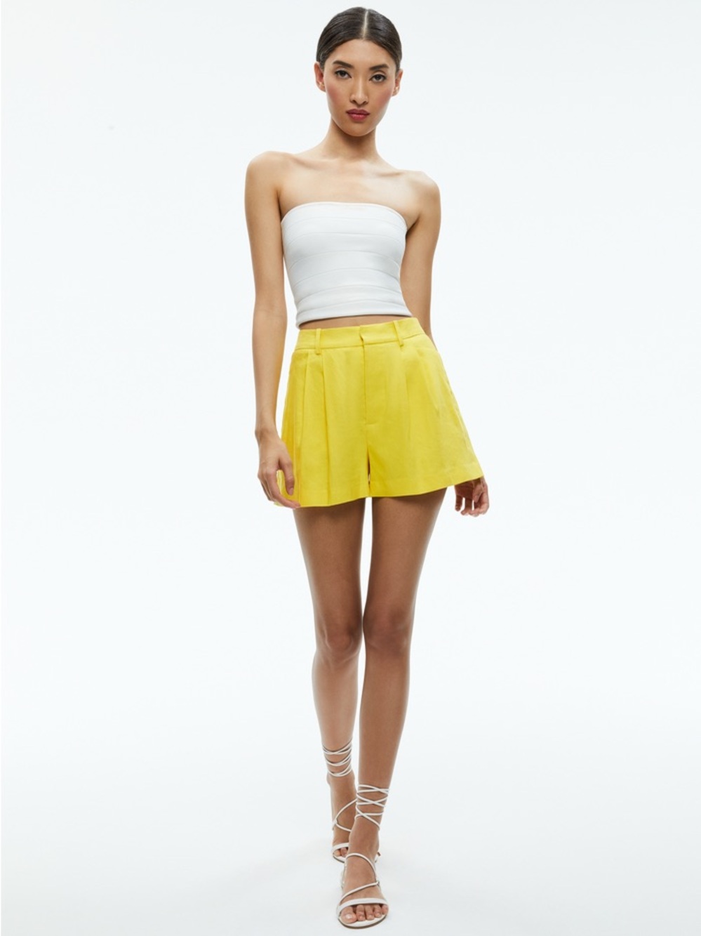 Alice + Olivia Lemon Yellow High-Waist Pleated Shorts